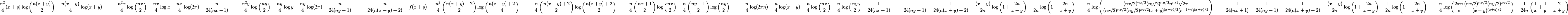 \begin{aligned} &\dfrac{n^2}{4}(x+y)\log\left(\dfrac{n(x+y)}{2}\right) - \dfrac{n(x+y)}{4}\log(x+y) \ &\quad - \dfrac{n^2x}{4}\log\left(\dfrac{nx}{2}\right) - \dfrac{nx}{4}\log x - \dfrac{nx}{4}\log(2\pi) - \dfrac{n}{24(nx+1)} \ &\quad - \dfrac{n^2y}{4}\log\left(\dfrac{ny}{2}\right) - \dfrac{ny}{4}\log y - \dfrac{ny}{4}\log(2\pi) - \dfrac{n}{24(ny+1)} \ &\quad - \dfrac{n}{24(n(x+y)+2)} - f(x+y) \ &= \dfrac{n^2}{4}\left(\dfrac{n(x+y)+2}{2}\right)\log\left(\dfrac{n(x+y)+2}{4}\right) \ &\quad - \dfrac{n}{4}\left(\dfrac{n(x+y)+2}{2}\right)\log\left(\dfrac{n(x+y)+2}{2}\right) \ &\quad - \dfrac{n}{4}\left(\dfrac{nx+1}{2}\right)\log\left(\dfrac{nx}{2}\right) - \dfrac{n}{4}\left(\dfrac{ny+1}{2}\right)\log\left(\dfrac{ny}{2}\right) \ &\quad + \dfrac{n}{4}\log(2\pi n) - \dfrac{n}{4}\log(x+y) - \dfrac{n}{4}\log\left(\dfrac{nx}{2}\right) - \dfrac{n}{4}\log\left(\dfrac{ny}{2}\right) - \dfrac{1}{24(nx+1)} \ &\quad - \dfrac{1}{24(ny+1)} - \dfrac{1}{24(n(x+y)+2)} - \dfrac{(x+y)}{2n}\log\left(1+\dfrac{2n}{x+y}\right) - \dfrac{1}{2n}\log\left(1+\dfrac{2n}{x+y}\right) \ &= \dfrac{n}{4}\log\left(\dfrac{(nx/2)^{nx/2}(ny/2)^{ny/2}n^{n/2}\sqrt{2\pi}}{(nx/2)^{nx/2}(ny/2)^{ny/2}(x+y)^{(x+y)/2}(e^{-1/n})^{(x+y)/2}}\right) \ &\quad - \dfrac{1}{24(nx+1)} - \dfrac{1}{24(ny+1)} - \dfrac{1}{24(n(x+y)+2)} - \dfrac{(x+y)}{2n}\log\left(1+\dfrac{2n}{x+y}\right) - \dfrac{1}{2n}\log\left(1+\dfrac{2n}{x+y}\right) \ &=\dfrac{n}{4}\log\left(\dfrac{2\pi n}{e}\dfrac{(nx/2)^{nx/2}(ny/2)^{ny/2}}{(x+y)^{(x+y)/2}}\right) - \dfrac{1}{24n}\left(\dfrac{1}{x}+\dfrac{1}{y}+\dfrac{2}{x+y}\right) \end{aligned}